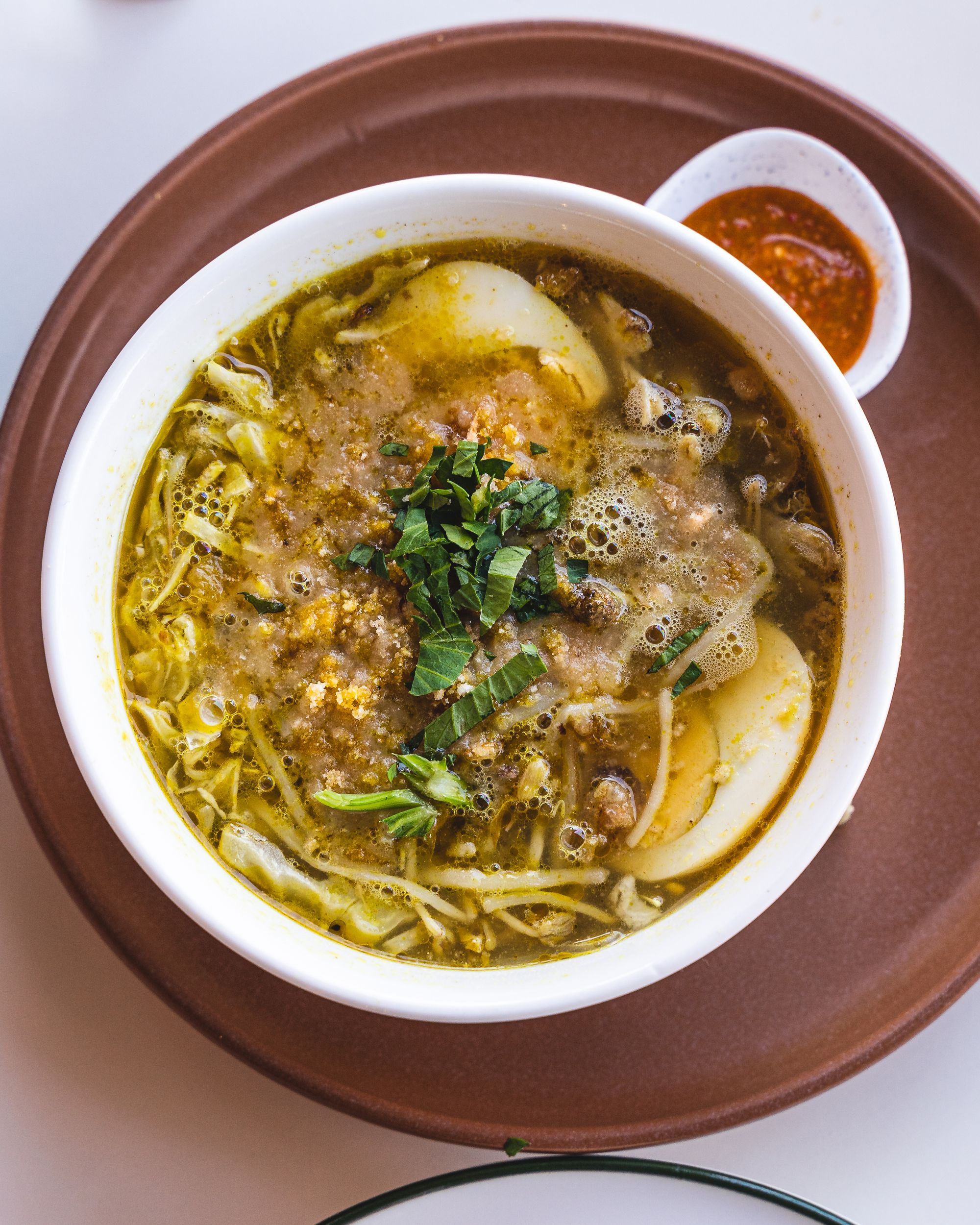 Top down of noodles in a bowl
