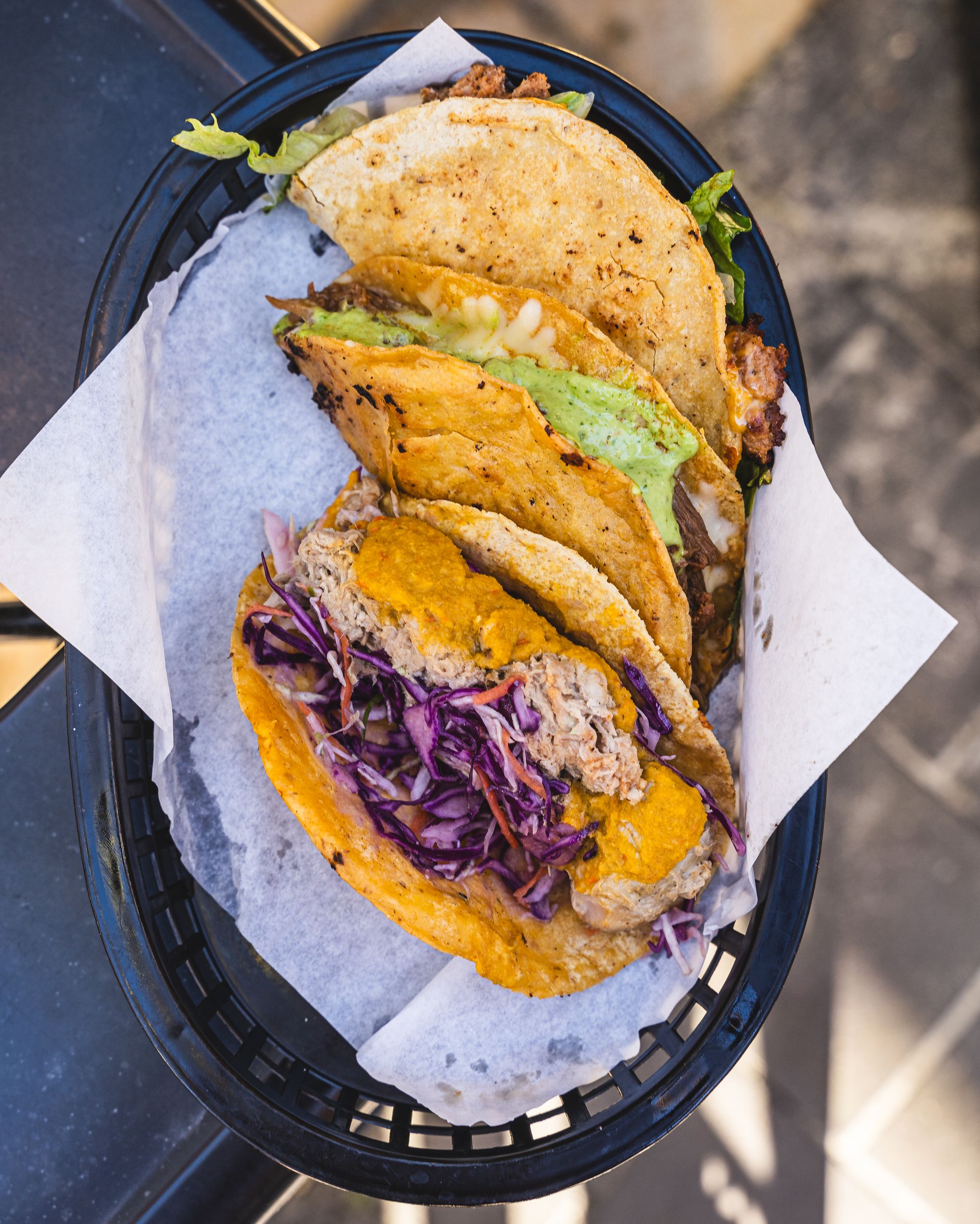 Top down shot of soft tacos