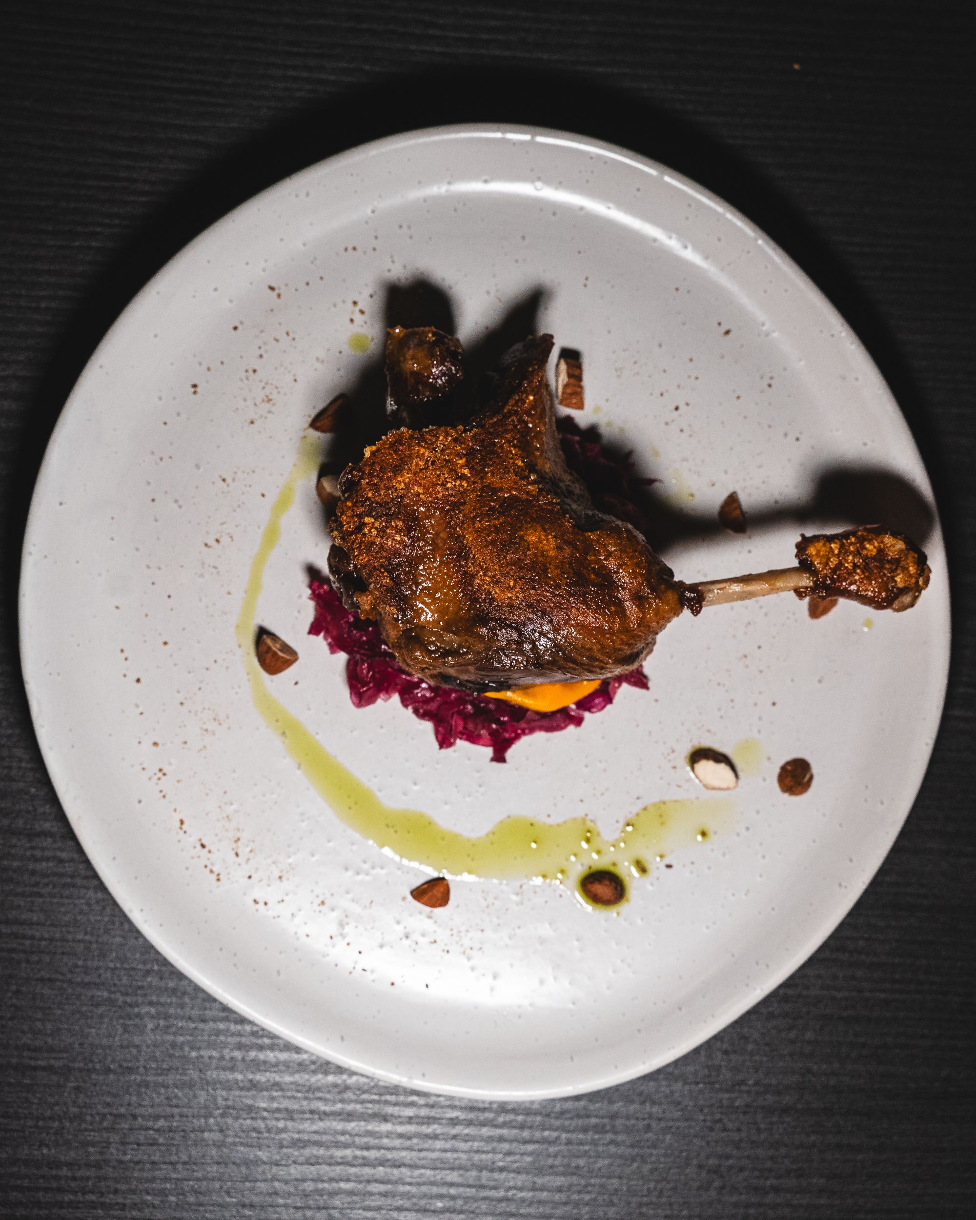 Top down shot of confit duck leg