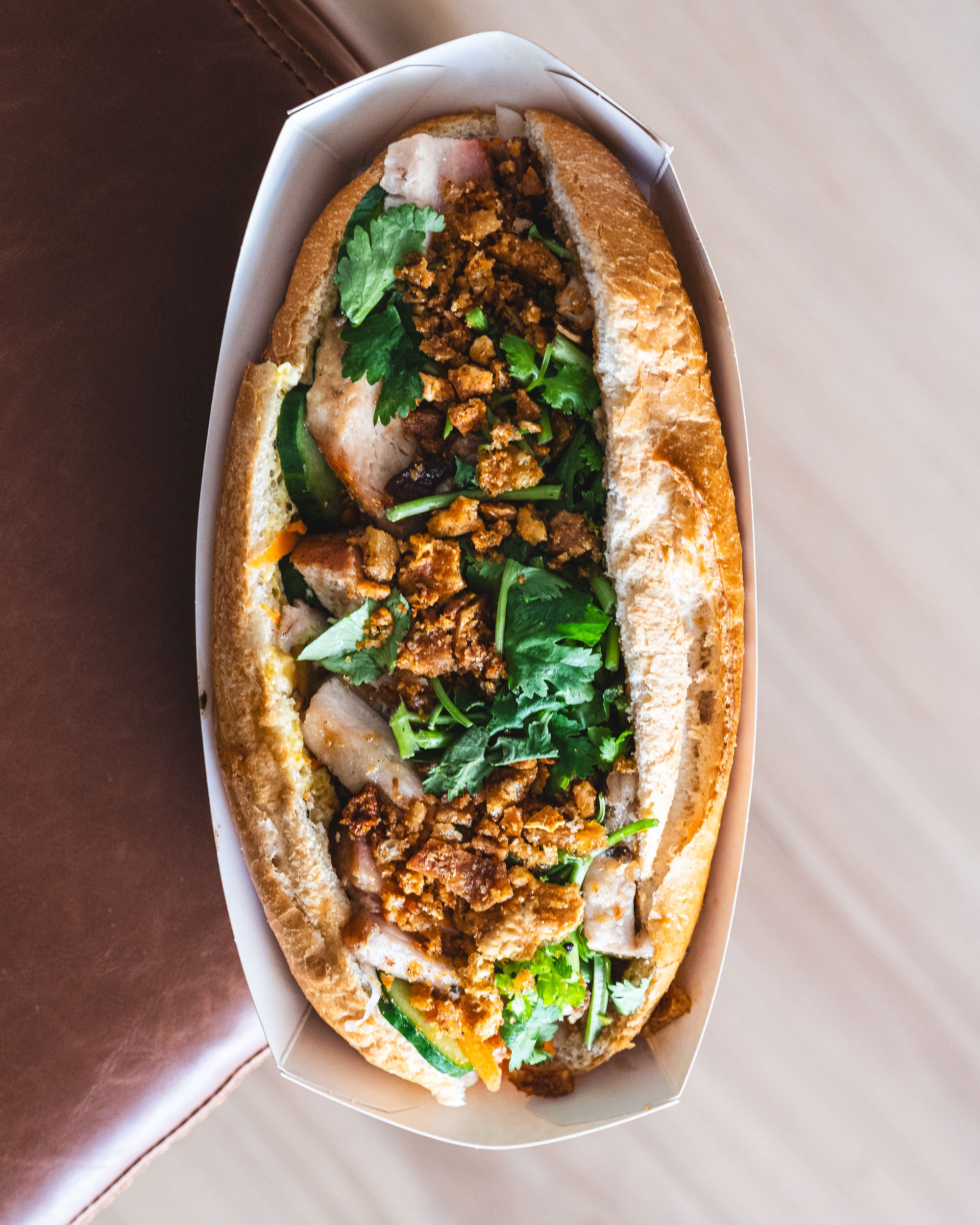 Top down shot of roast pork banh mi