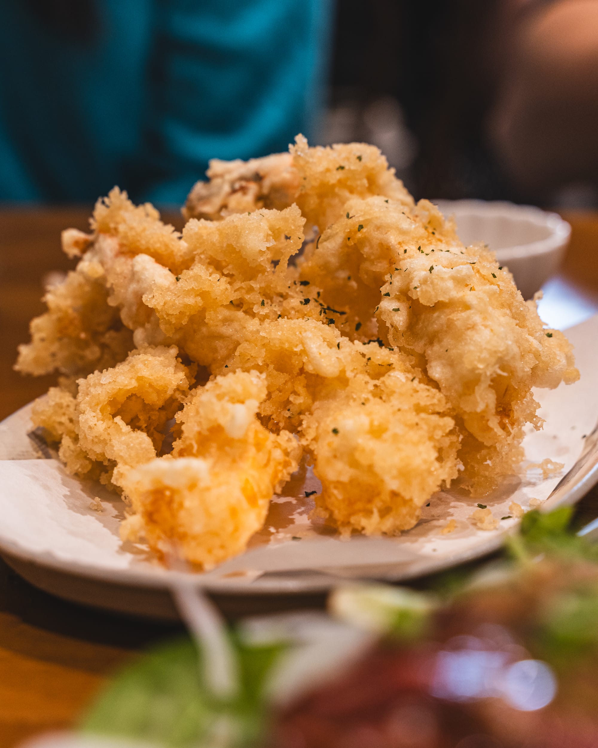 Close up of prawn tempura with fluffy batter