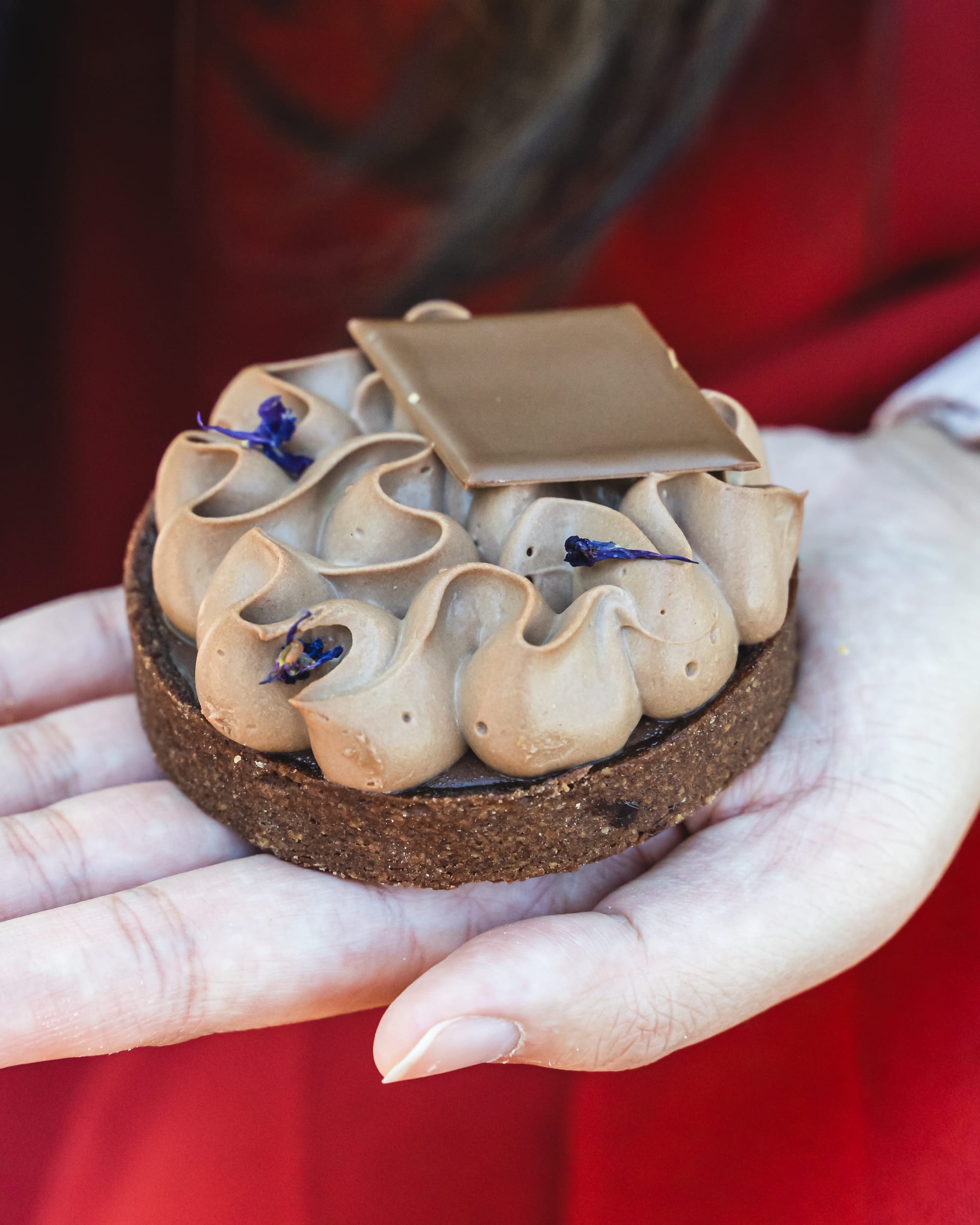 Hand holding chocolate tart