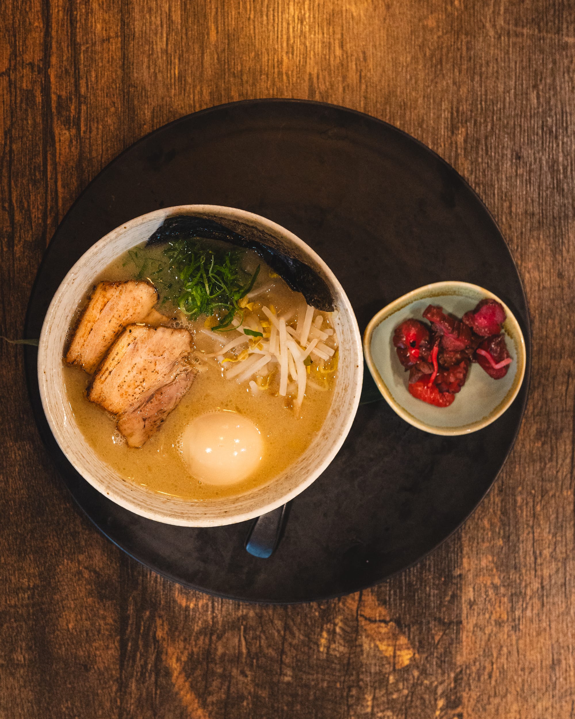 Top down shot of ramen in a bowl
