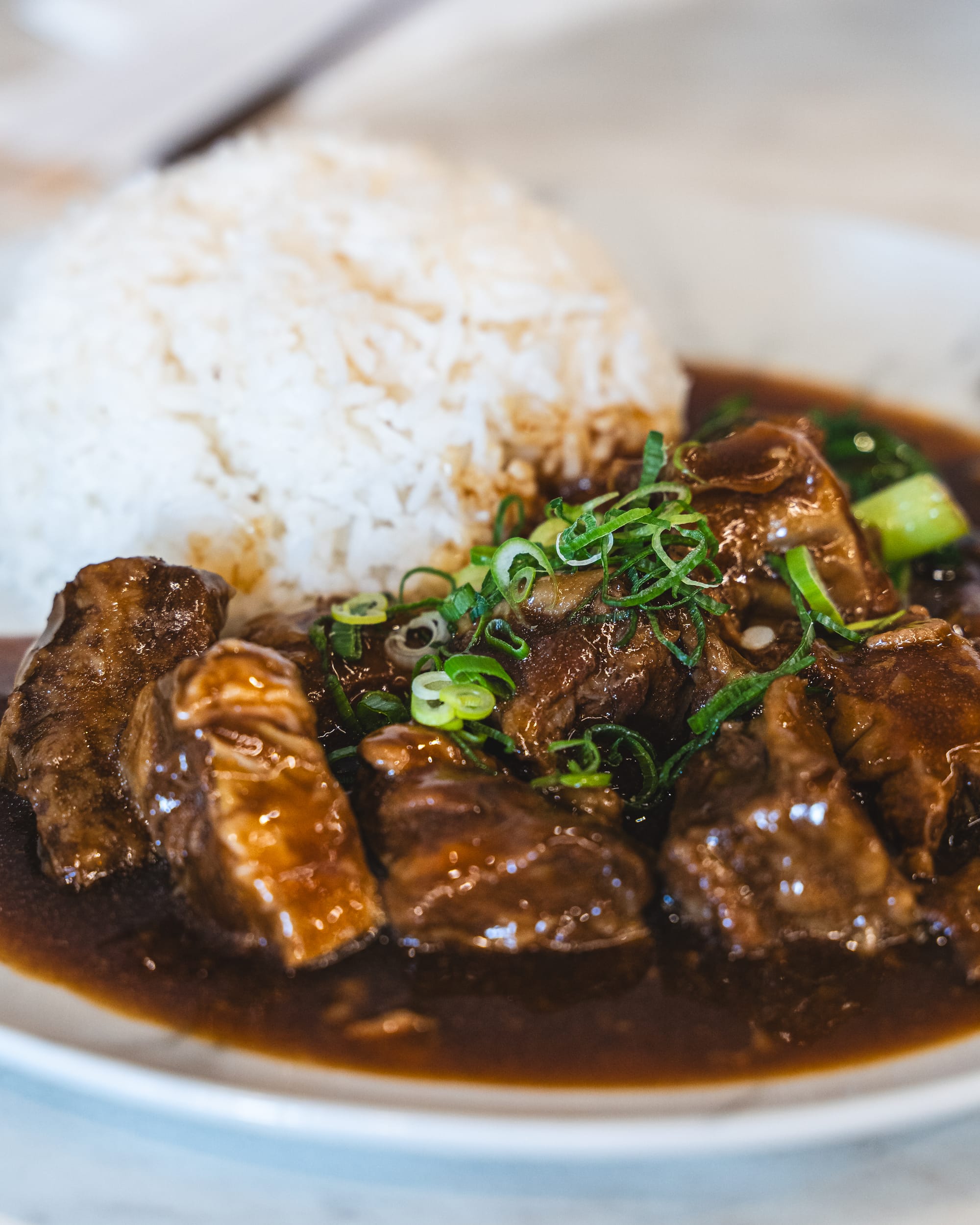 Close up of beef brisket with spring onions and rice