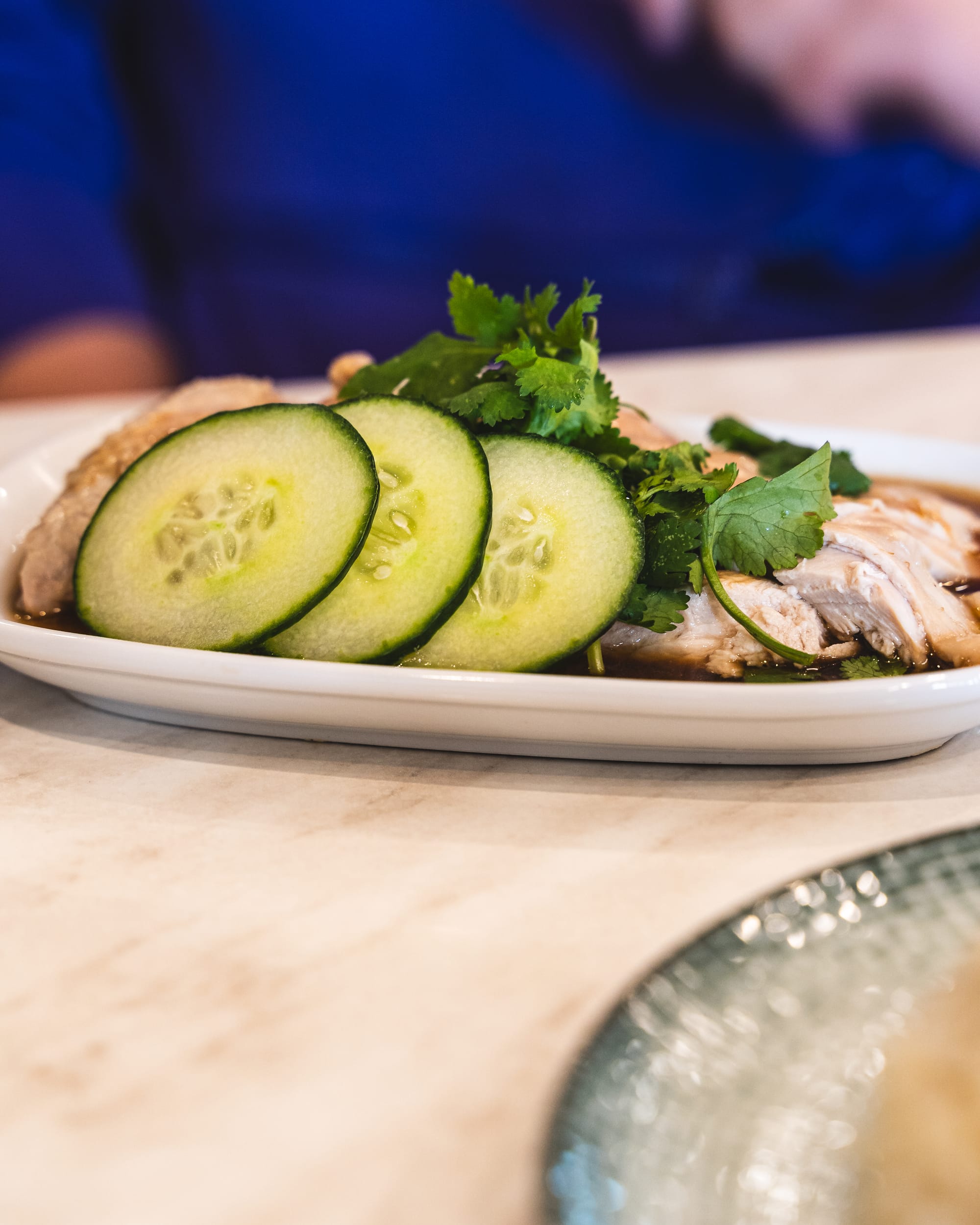 Close up of steamed chicken with cucumber topped with parsley