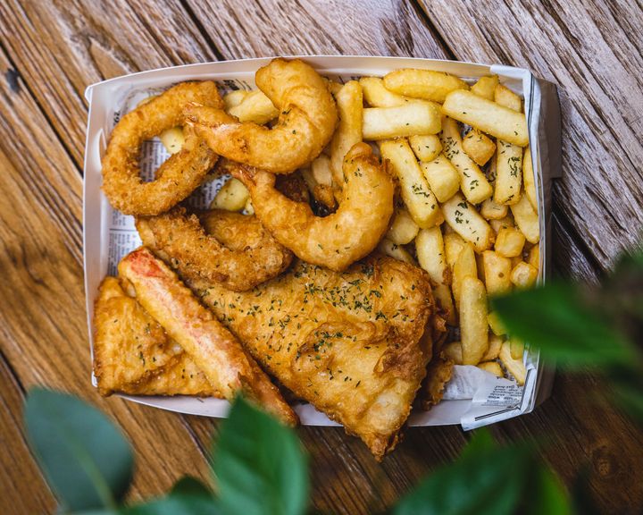 Fish and chips in a square box
