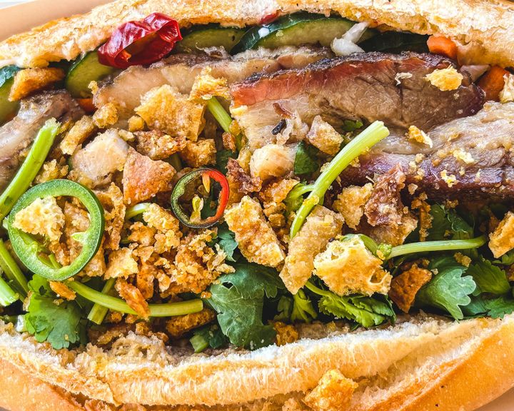 Close up of roast pork banh mi