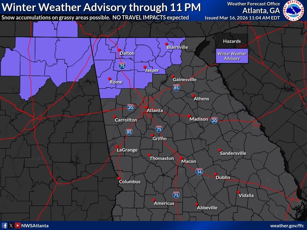 Winter Weather Advisory in Effect for Portions of North Georgia Through 11 P.M.