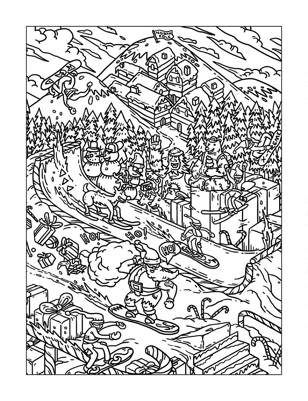 free printable coloring page depicting Santa on a snowboard