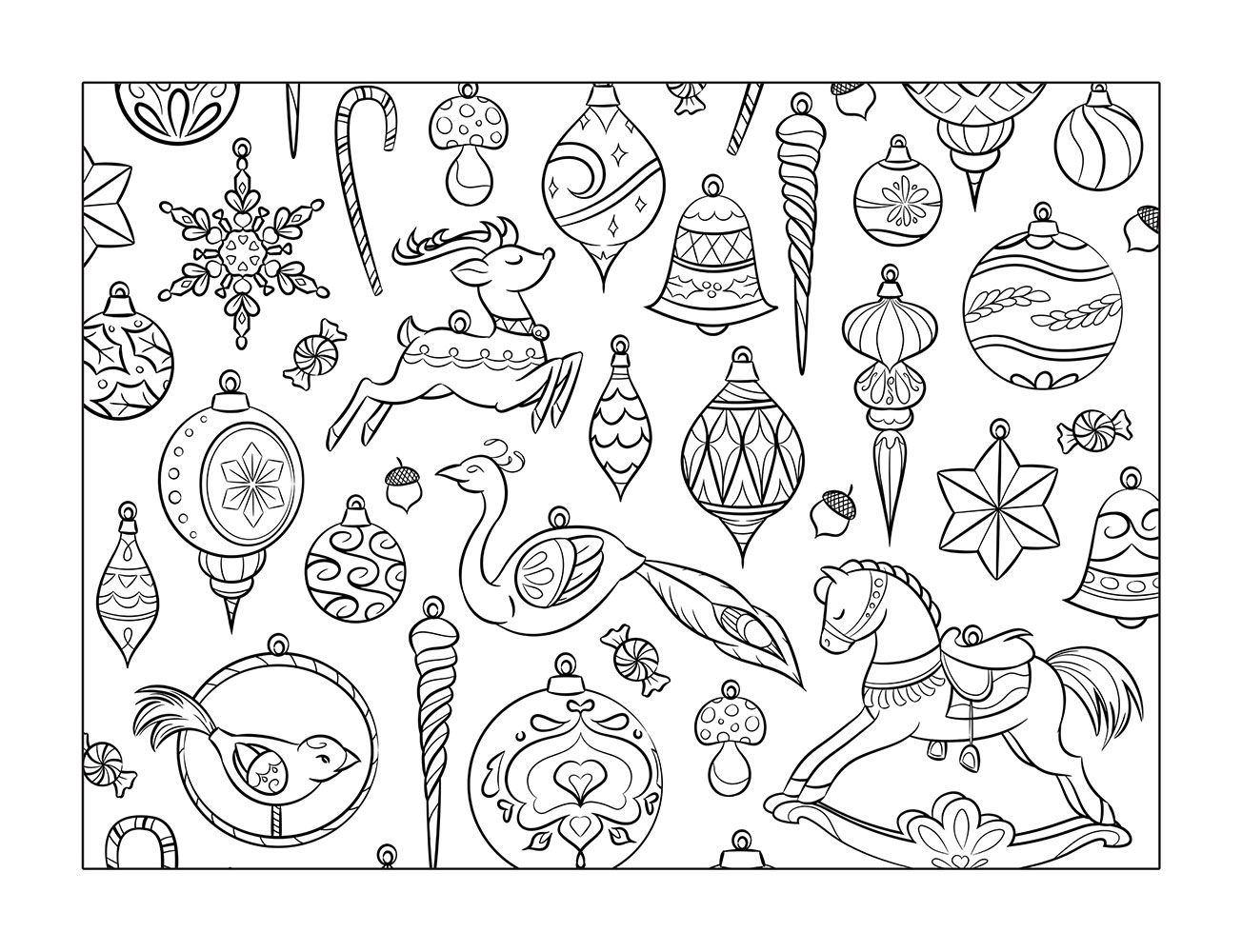 free printable holiday coloring page depicting cute vintage Christmas ornaments