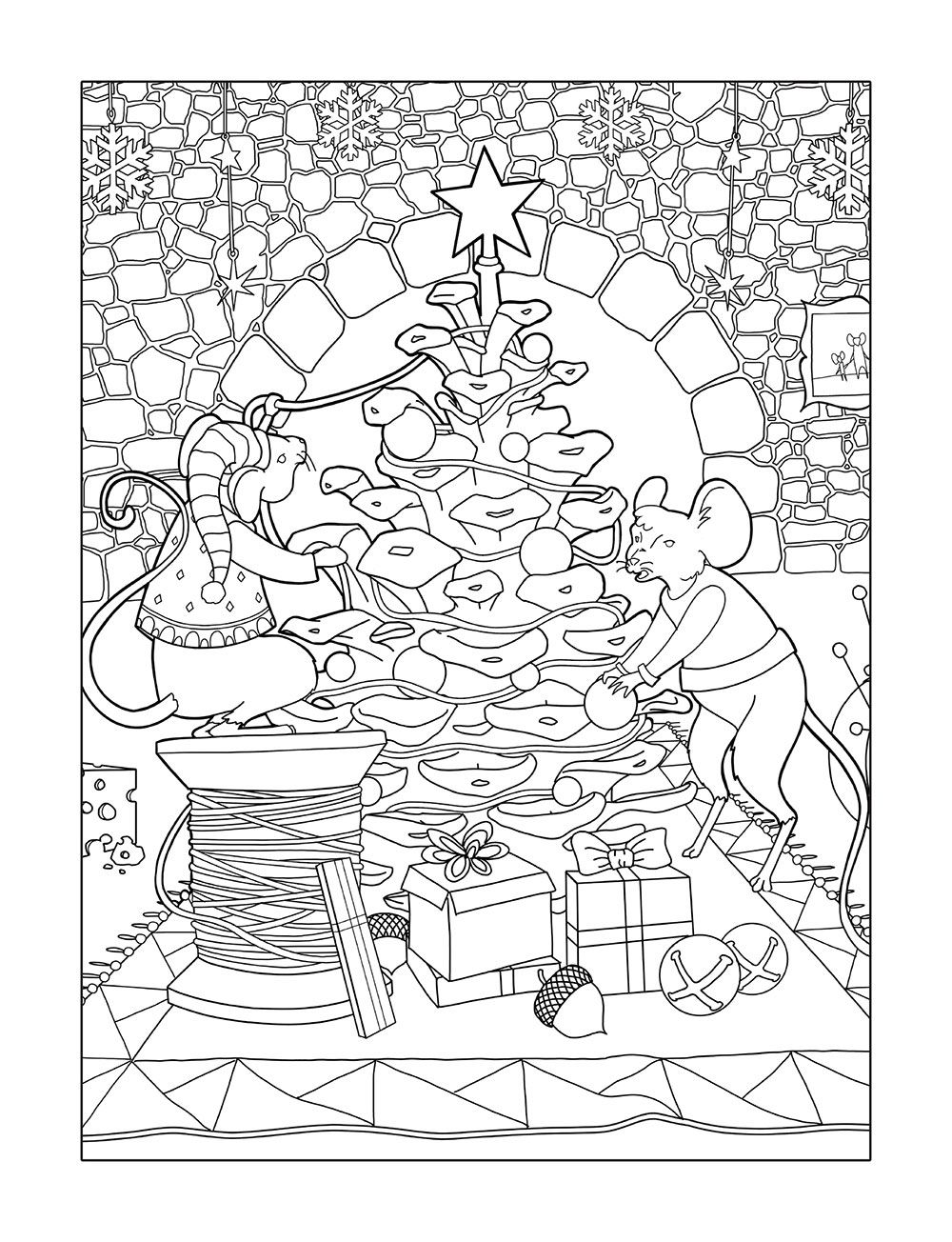 free printable holiday coloring page depicting two mice decorating a pinecone as a Christmas tree