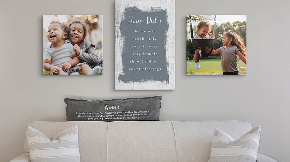 Custom Family rules printed on a canvas print alongside photos of children
