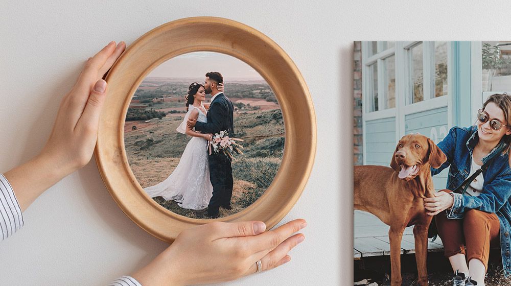 a wedding photo glued into an old circular wooden frame