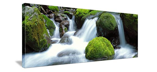 horizontal shaped canvas of waterfall and moss covered rocks