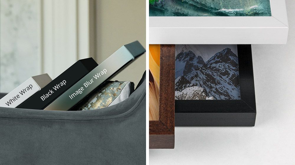 an image of different canvas wrap options next to an image of white, walnut, and black framed canvases