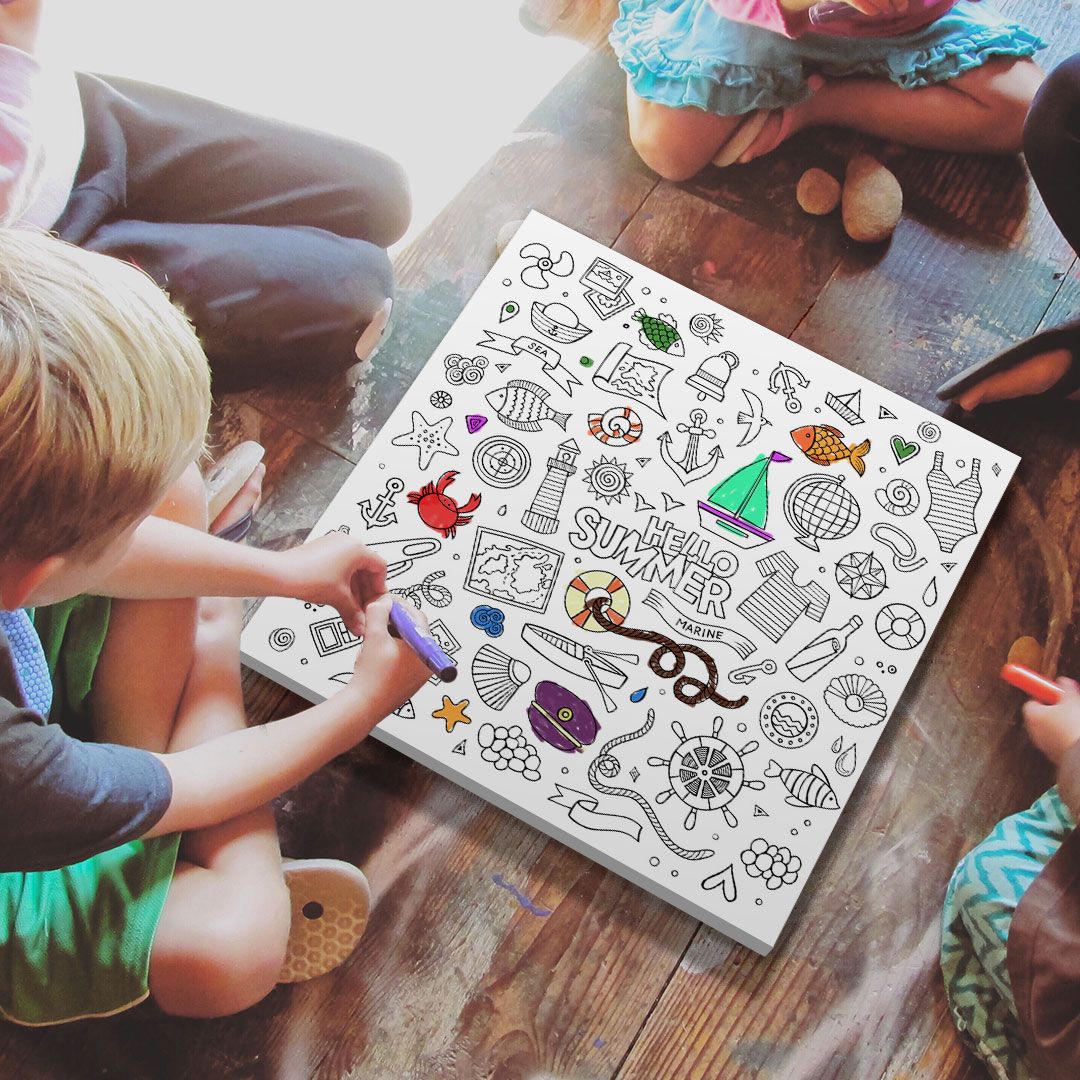 Children coloring on canvas with their parents