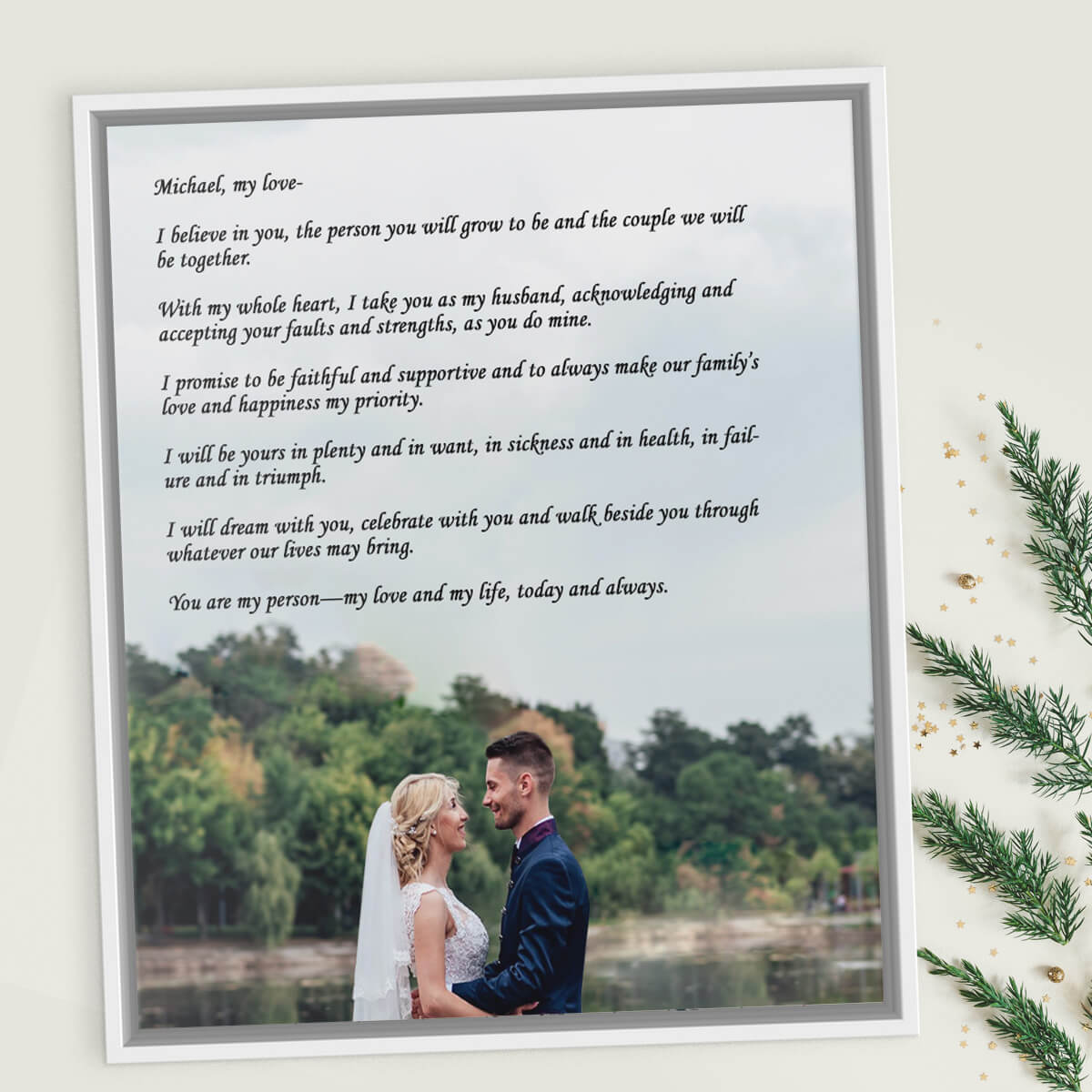 Married couple memorializing their photo and vows on a Custom Canvas Print with a Floating Frame