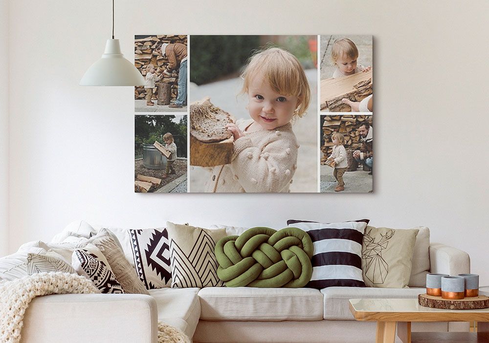 24x36 Photo Collage Printed on Canvas of a child helping to stack wood