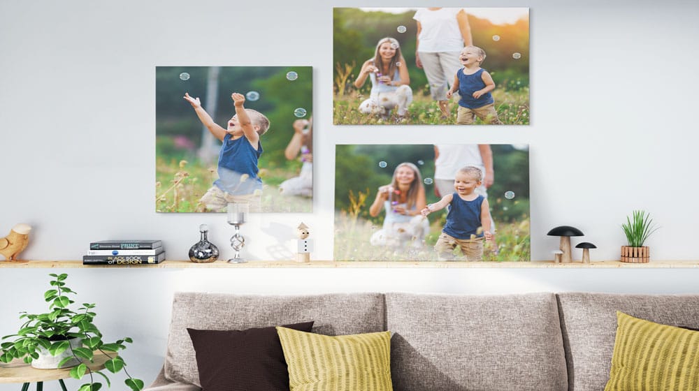 Canvas prints of a Mother and son playing with bubbles.