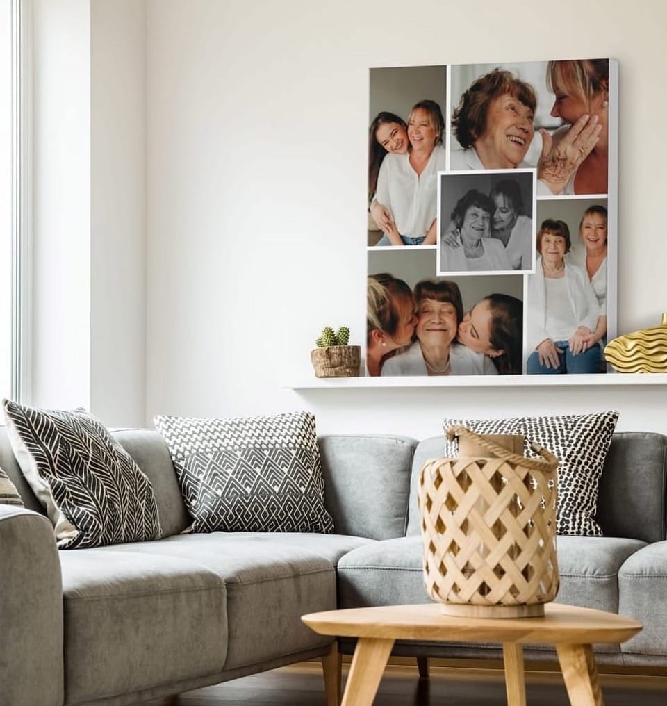 Generational photo of Grandmother, mother, and daughter printed onto canvas that's sitting on a shelf.