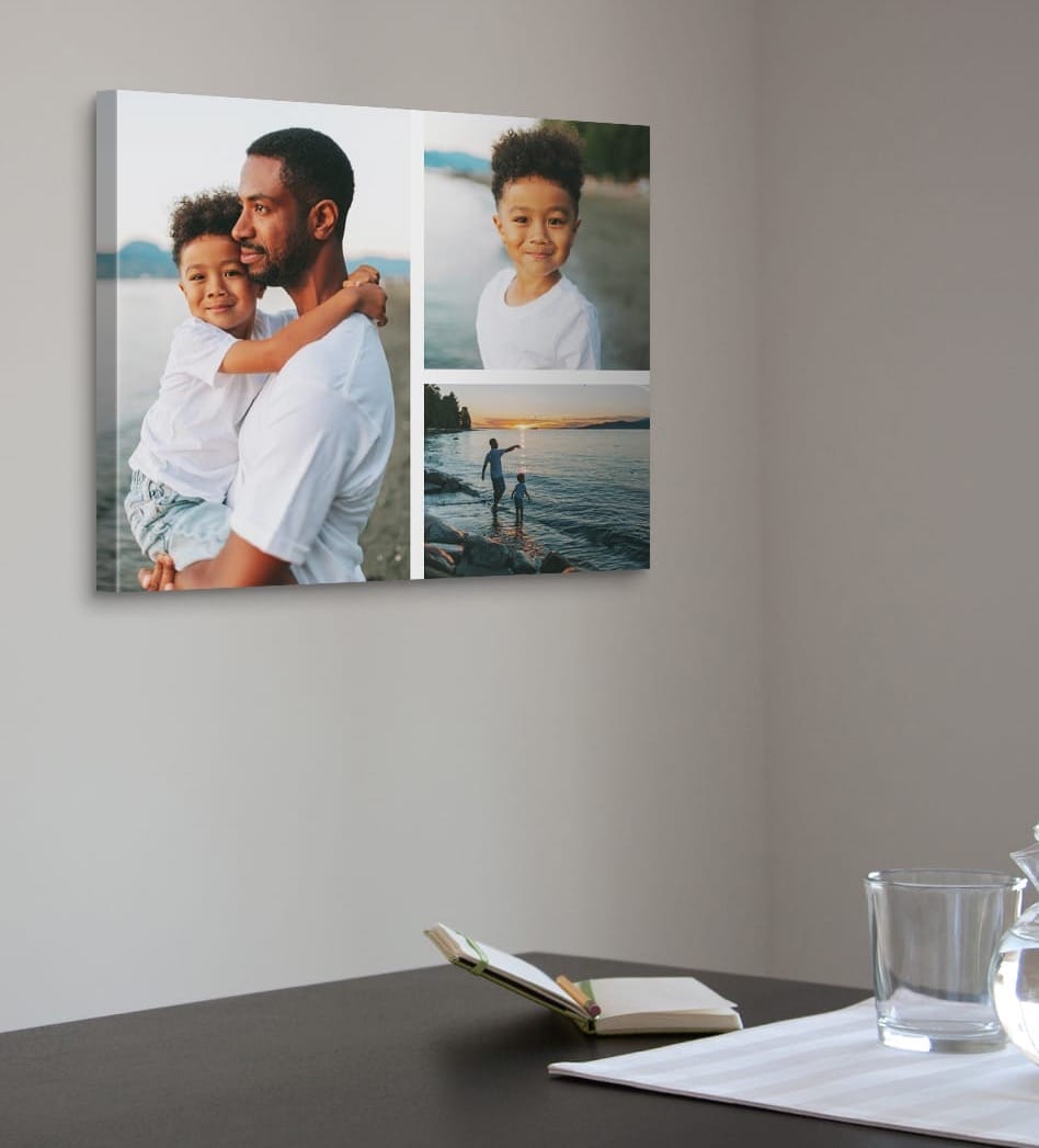 A photo collage on canvas of a father and son