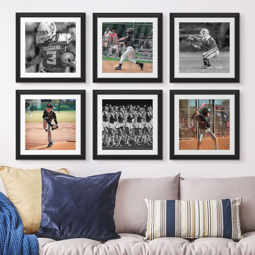 Grid of framed prints depicting a father's three children excelling in their respective sports.