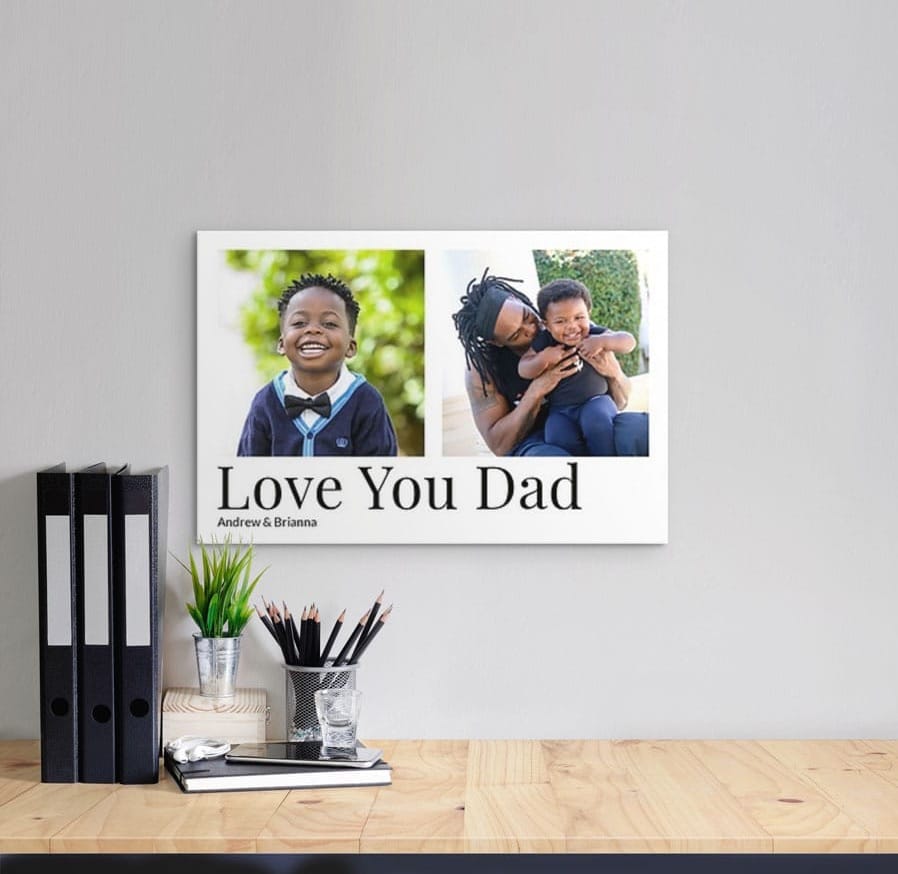 A photo collage printed on canvas depicting a father and son. 
