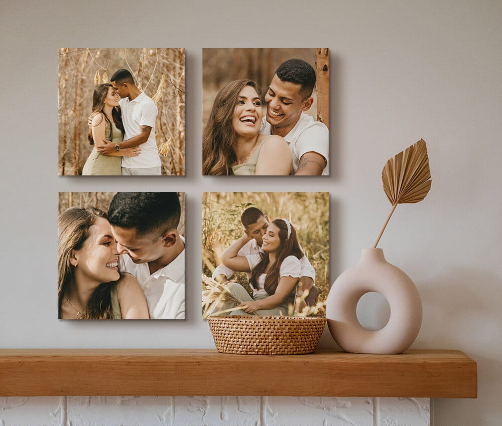 square-shaped canvases of a couple hanging above a mantel