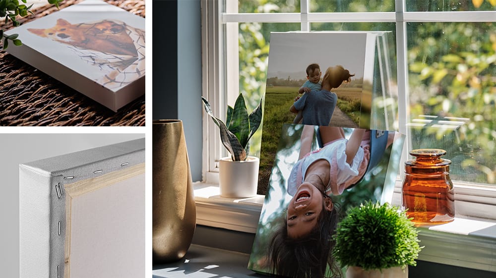 Photo prints displayed in natural window light showing color vibrancy and finish differences between print types