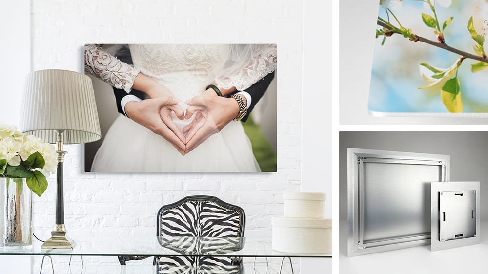 Close-up of metal photo prints showing glossy surface, durability, and modern mounting hardware