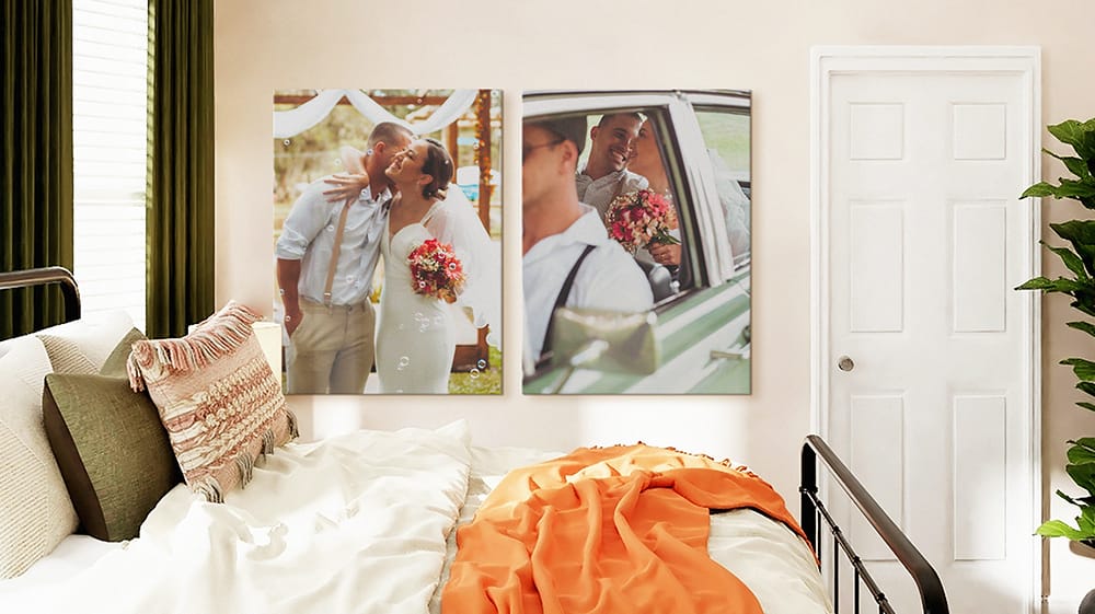 Large personalized canvas prints displayed in a bedroom, showcasing long-lasting color and clarity for meaningful moments