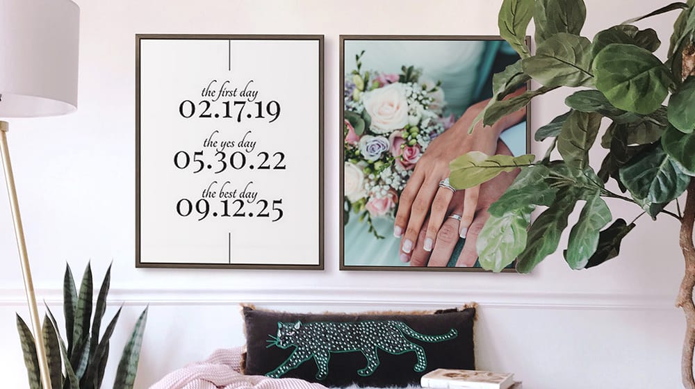 two canvas prints hung in an entryway with plant and lamp