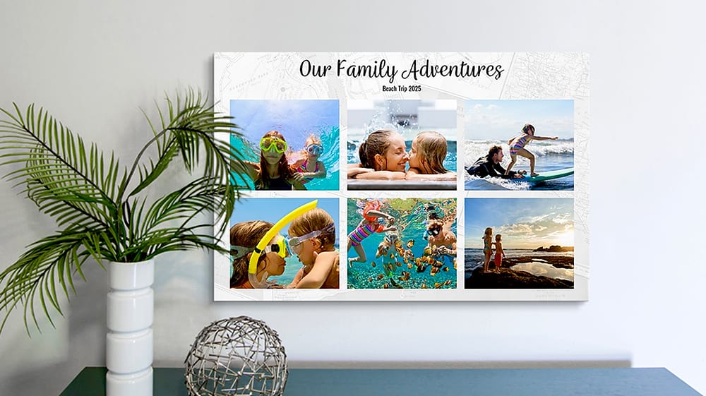Canvas collage of family vacation photos displayed on a wall as a Mother’s Day picture idea