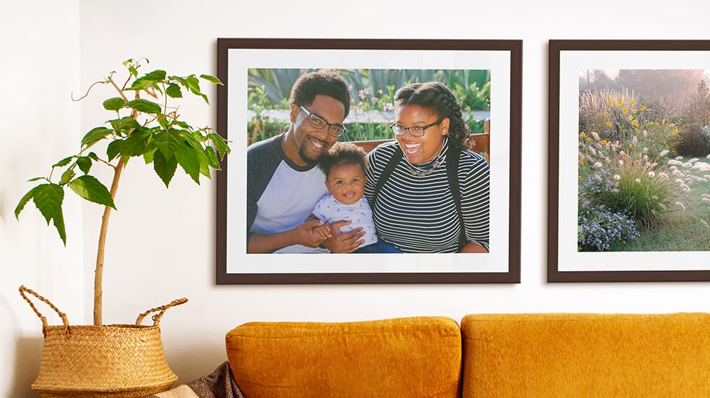 framed paper prints with matting and glass displayed above couch in traditional space