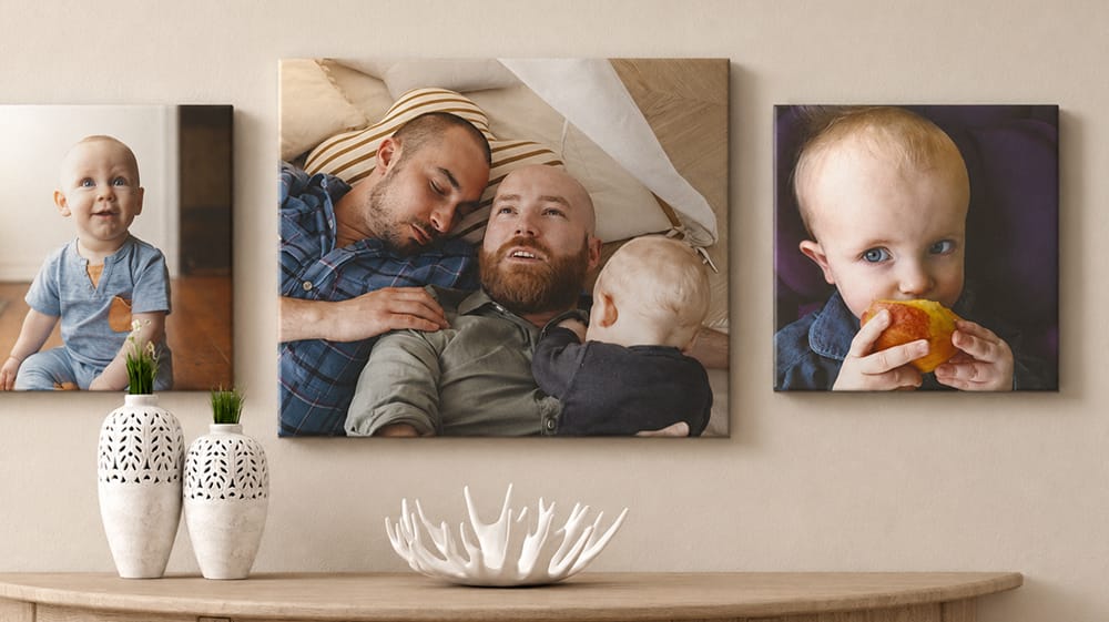Family photo canvas prints displayed on a wall, highlighting the depth and dimension of gallery-wrapped canvas prints