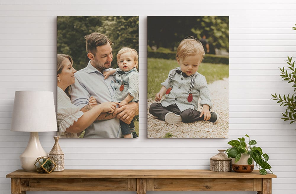 Custom family photo canvas prints displayed as a coordinated wall arrangement created from personal photos