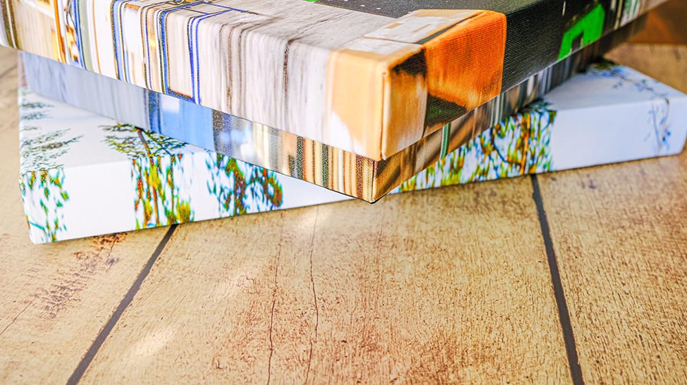 Close-up of gallery-wrapped canvas corners showing canvas depth, sharp image detail, and high-definition print quality