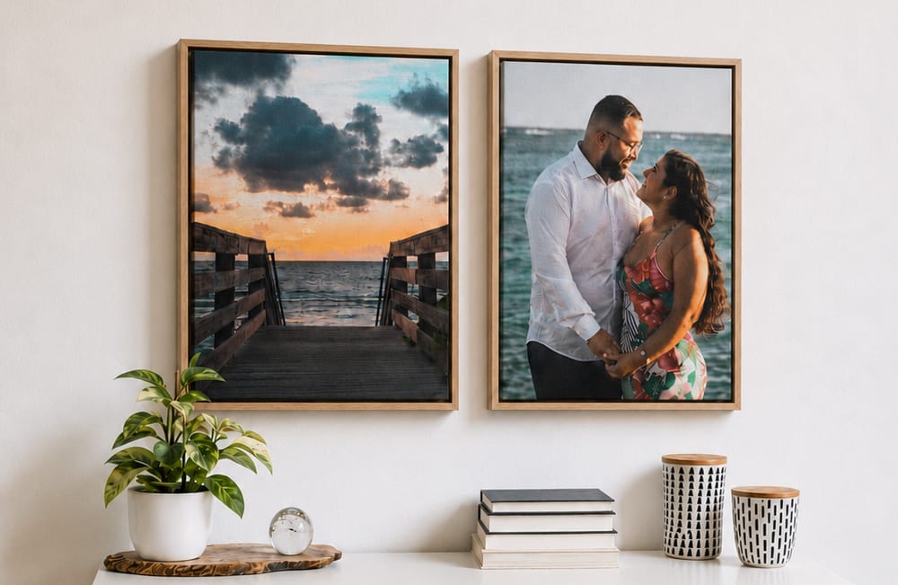 Two floating frame canvas prints displayed above a console table, demonstrating a polished and finished presentation
