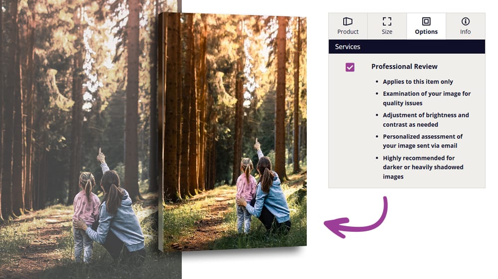 Dark and brightened versions of a forest photo beside the Professional Review option in the Canvas On Demand builder.
