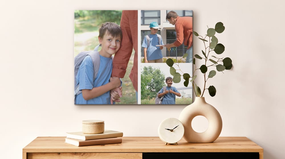 A canvas collage combines three school-day photos of a boy wearing a blue shirt and backpack.