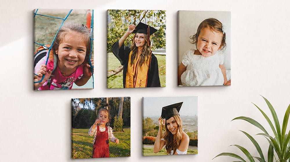 Five canvas prints show children at different ages, from early childhood to graduation, arranged as a wall display.
