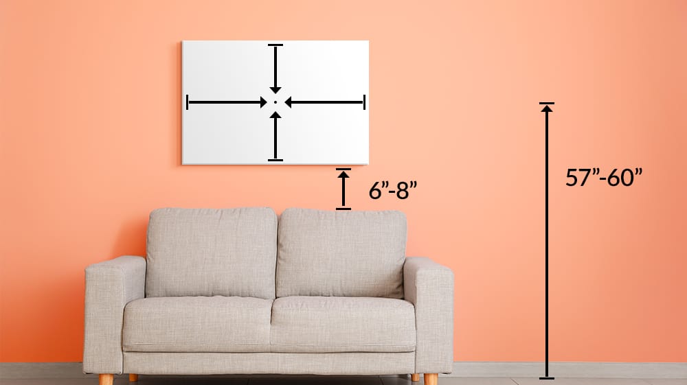 Diagram showing a canvas centered 57 to 60 inches from the floor and positioned 6 to 8 inches above a sofa.