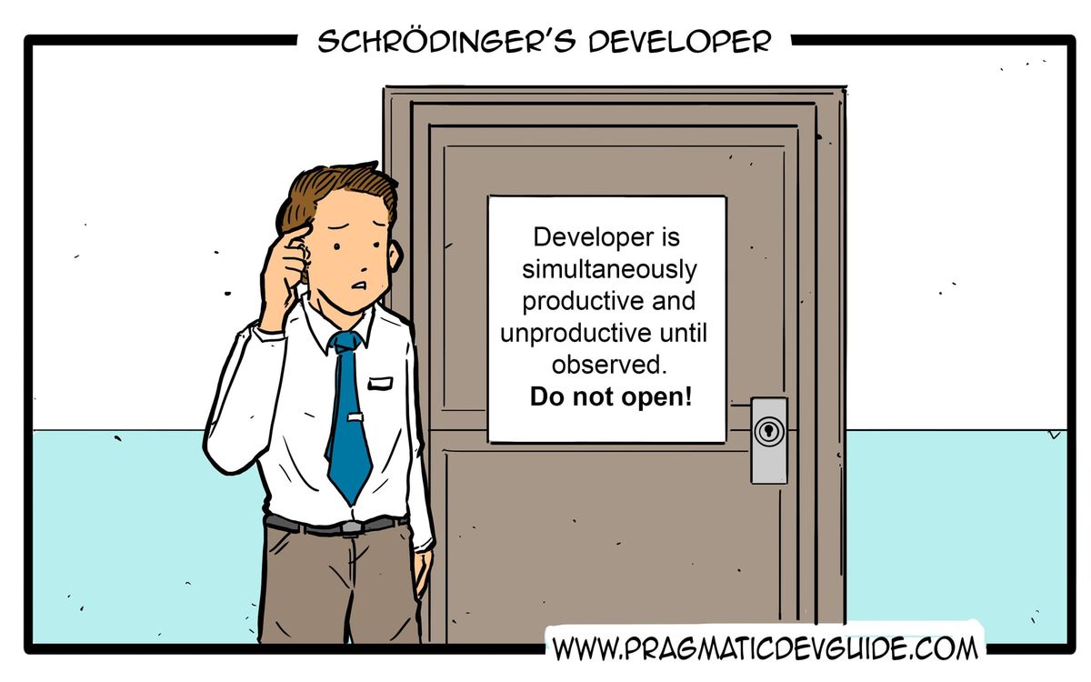Man in front of door with a sign 'Developer is simultaneously productive and unproductive until observed. Do not open!'