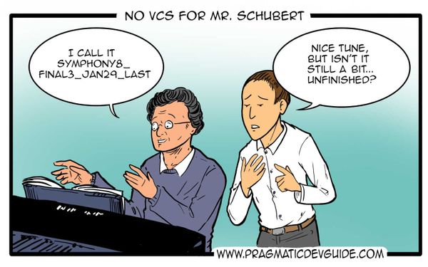 Schubert lookalike at the piano:"I call it Symphony8_Final3_JAN29_Last". Friend comments it still sounds a bit 'unfinished'