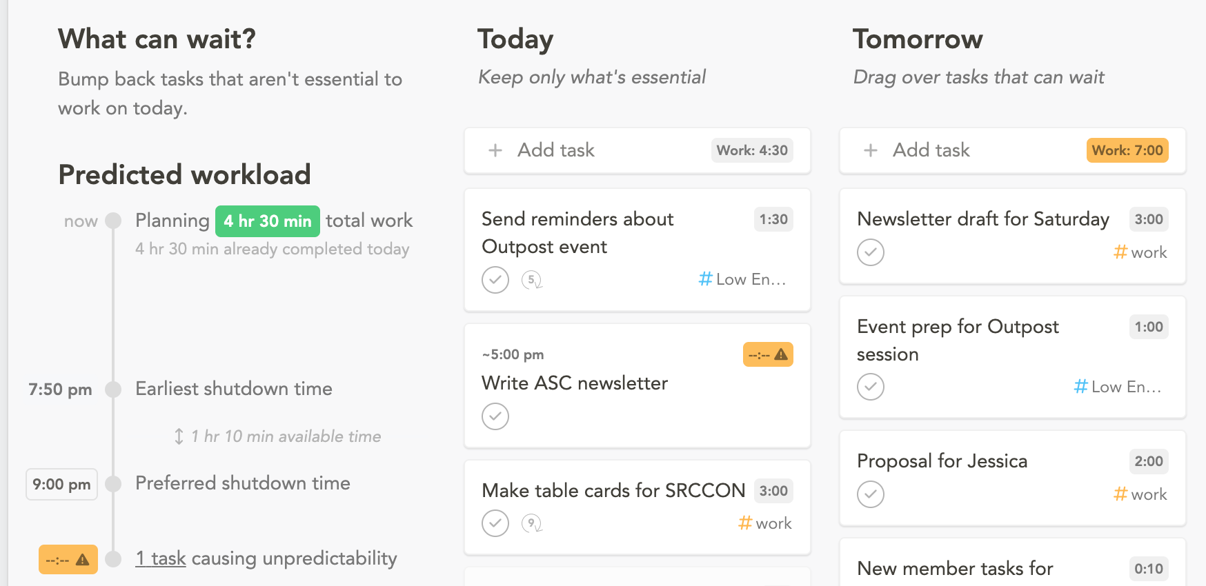 Screenshot from my Sunsama telling me my estimated work load for today