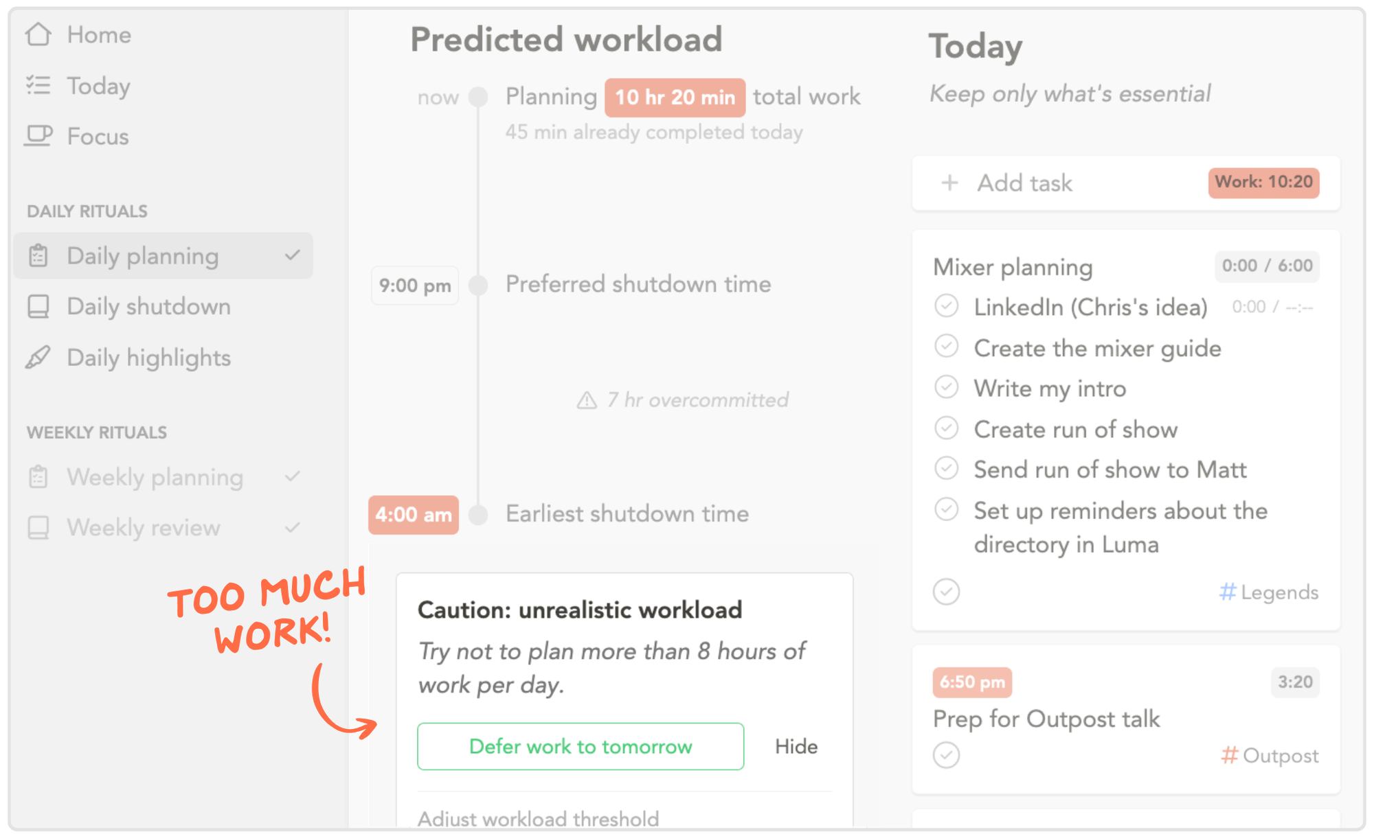 Caution unrealistic workload alert in Sunsama