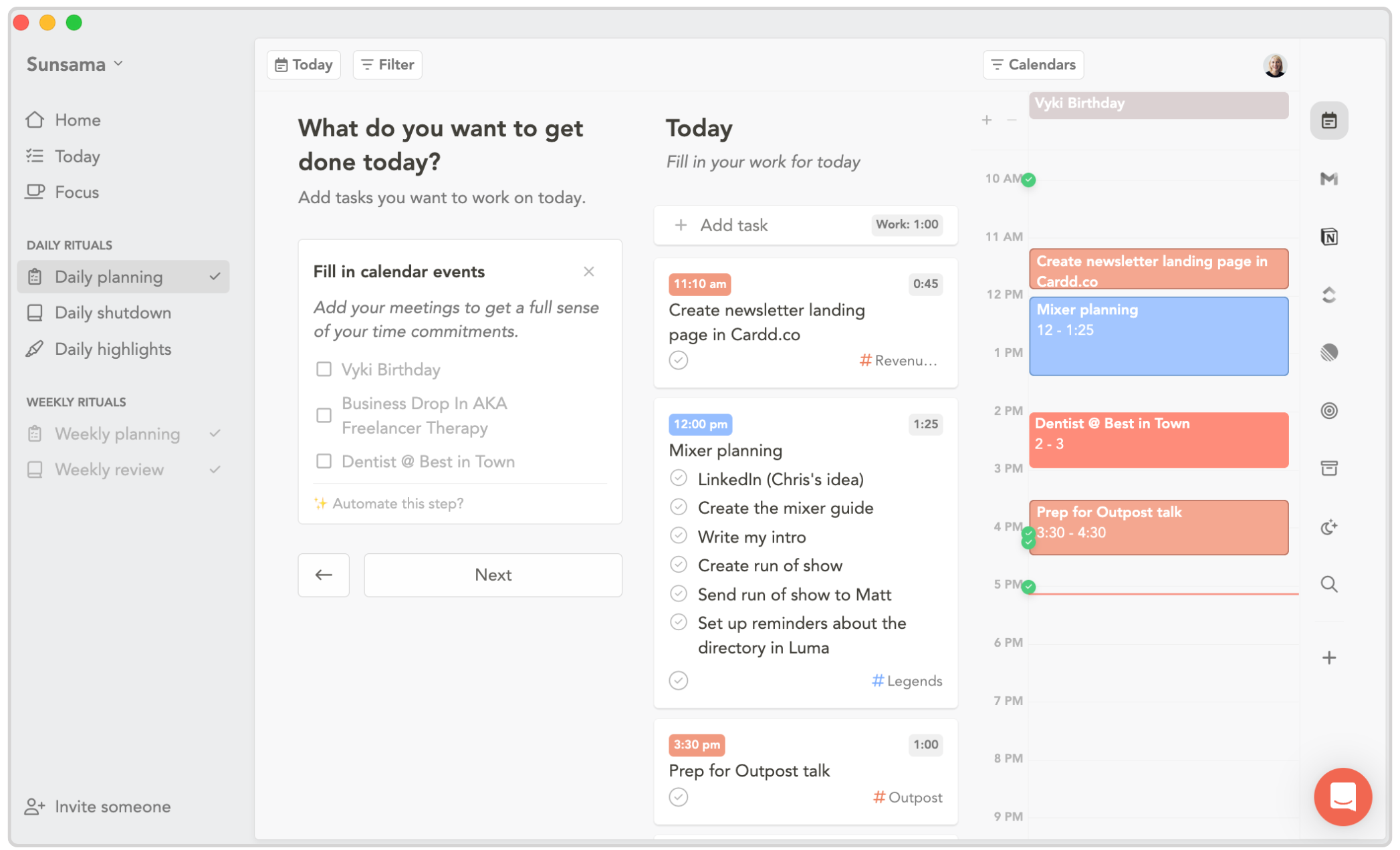 My daily planning view inside Sunsama