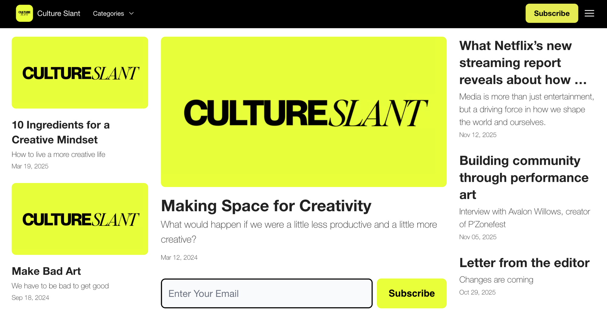 The homepage of Culture Slant Media, the author's media site