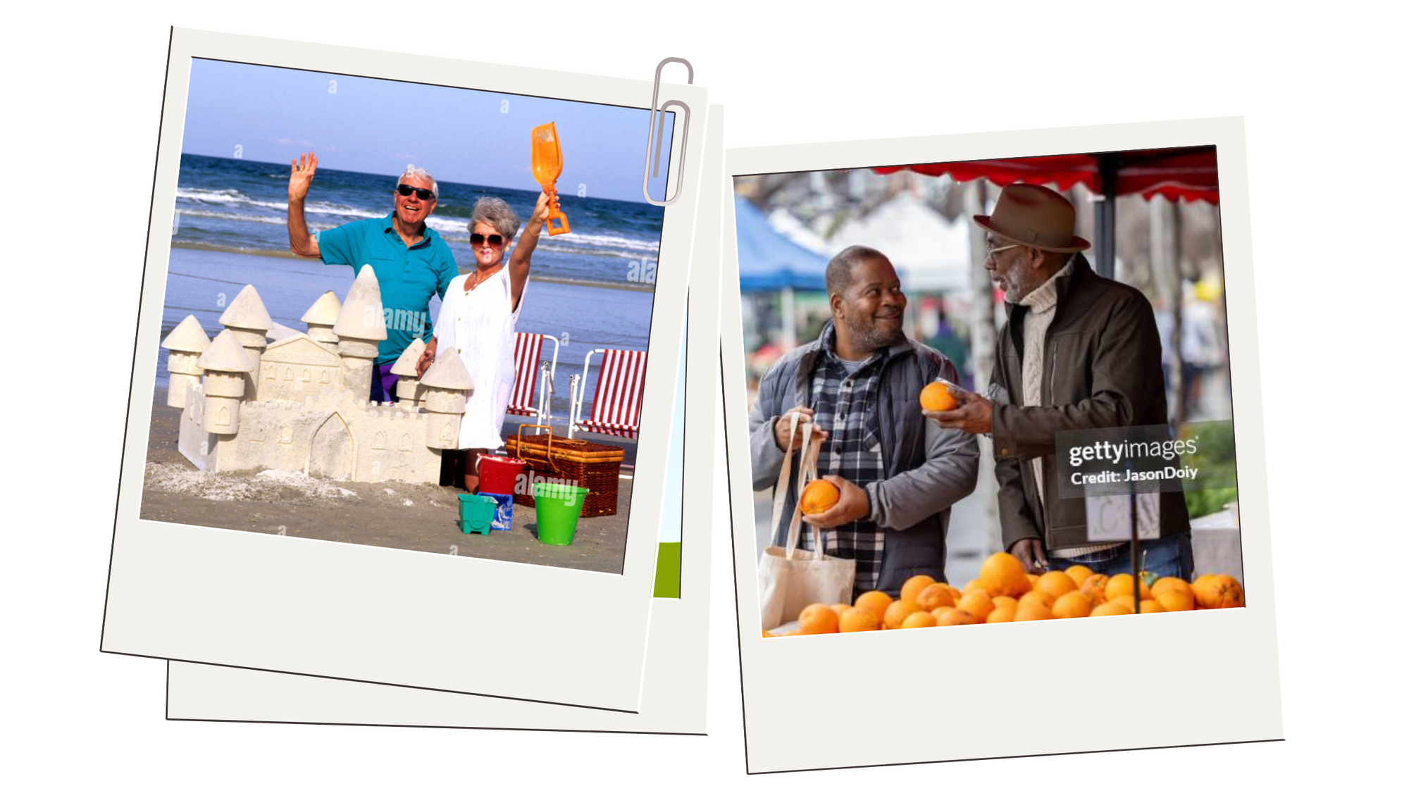 Photos of retirement activities like building sand castles and buying oranges