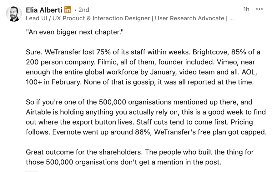 Comment from UX designer Elia Alberti